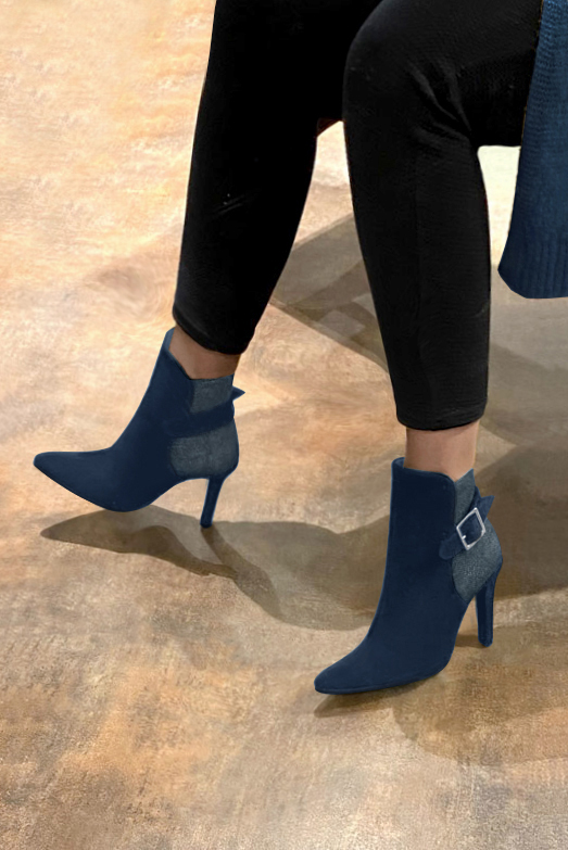 Navy blue women's ankle boots with buckles at the back. Tapered toe. Very high slim heel. Top view - Florence KOOIJMAN